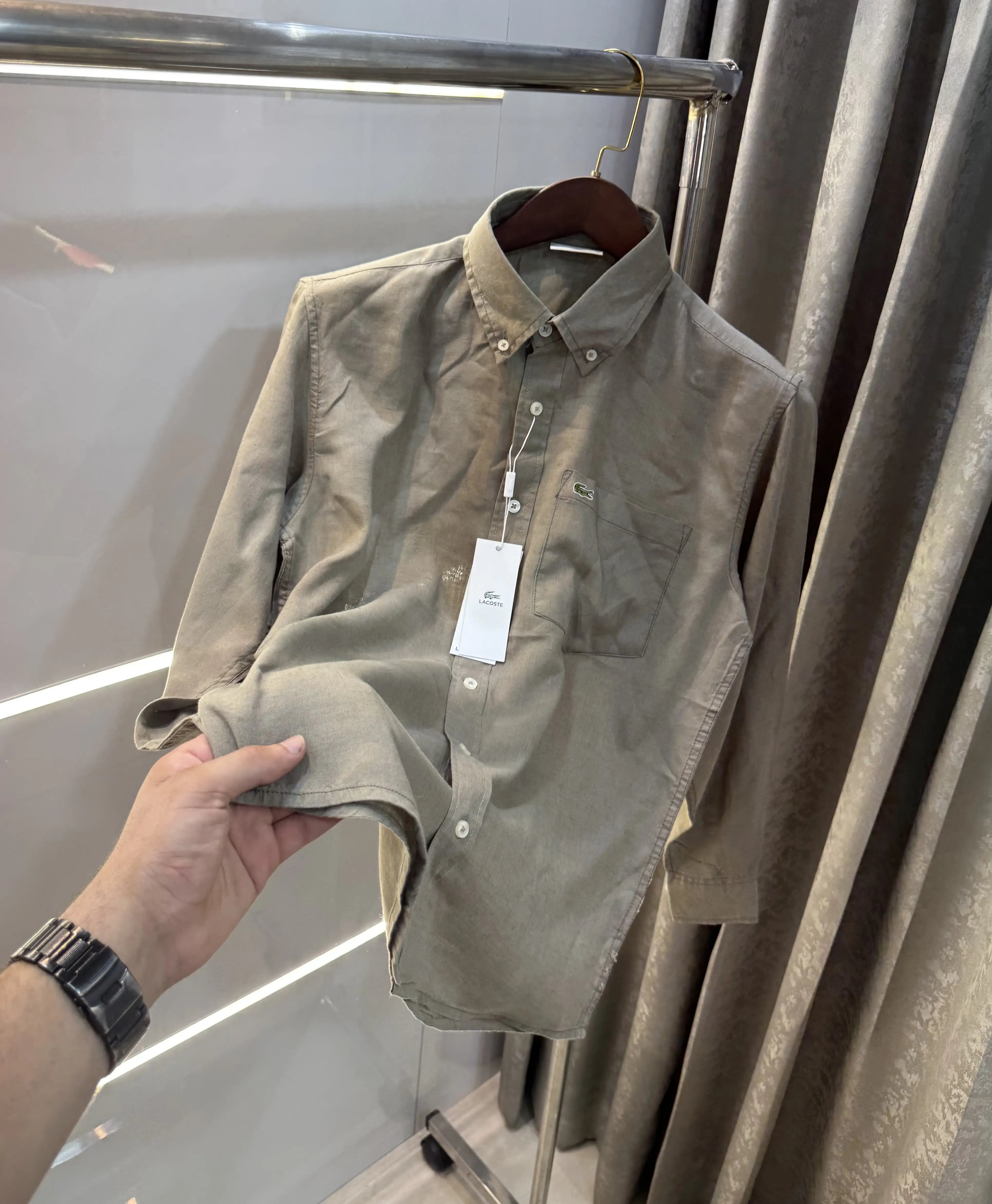 Lacoste Olive Embroidery Logo Premium Linen Shirt