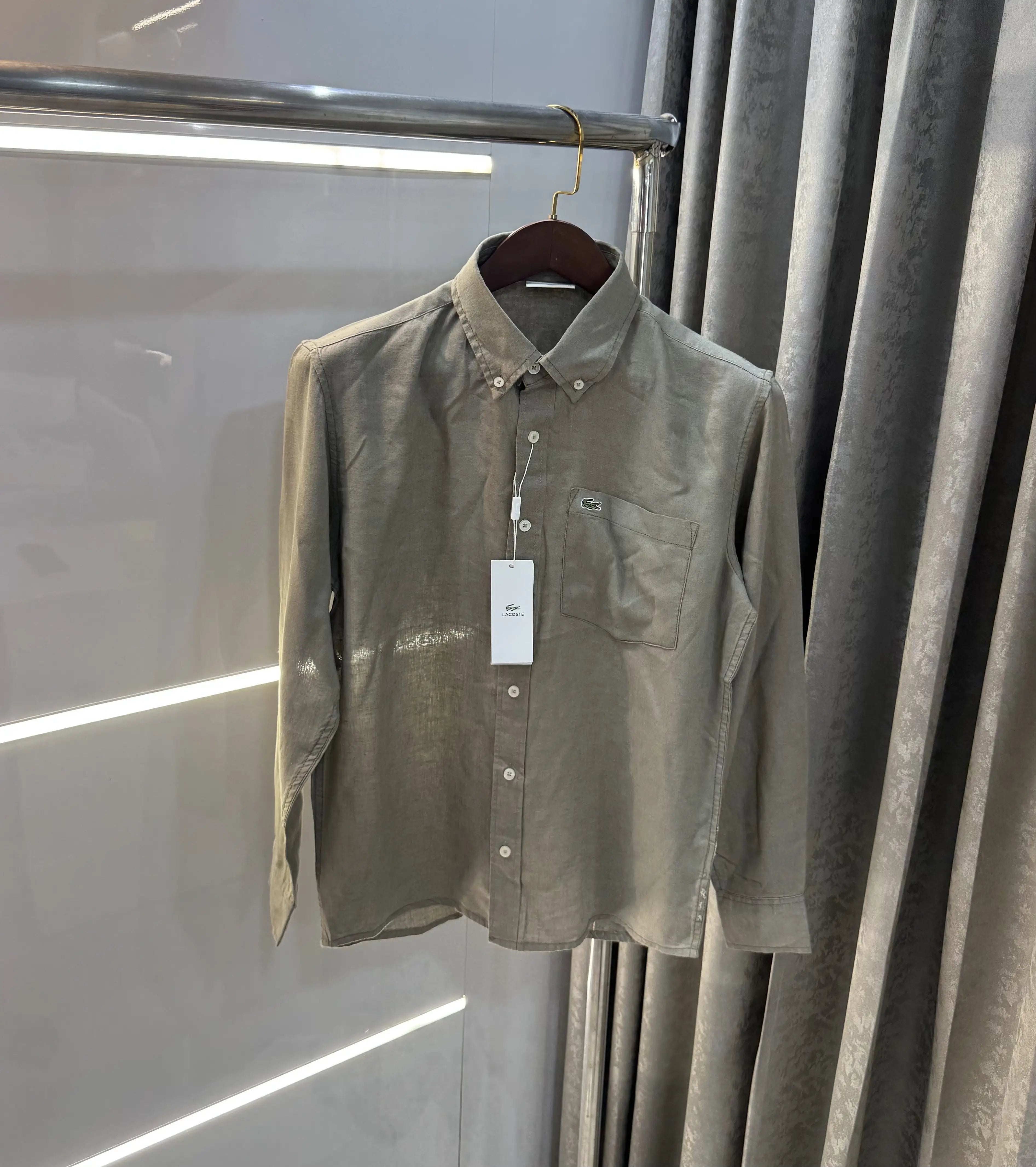 Lacoste Olive Embroidery Logo Premium Linen Shirt