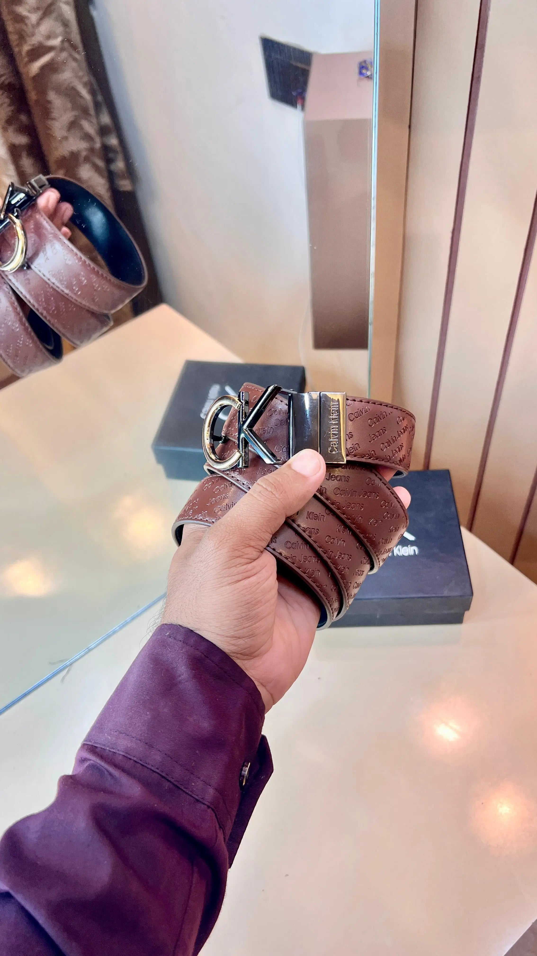 CK CALVIN KLEIN IMP PREMIUM QUALITY EMBOSSED REVERSEABLE BELT WITH OG BOX